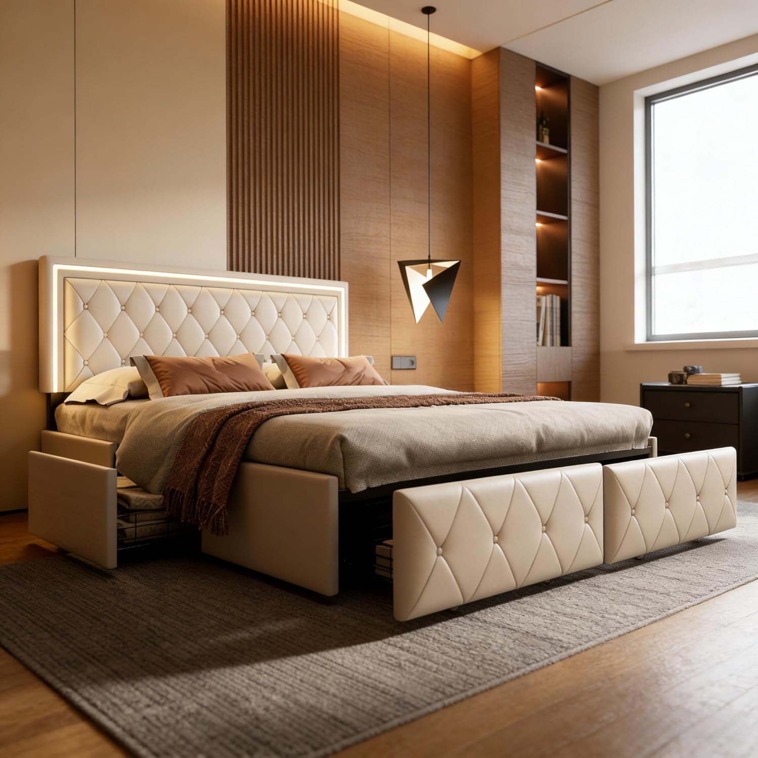 Polsterbett 140x200 mit LED, Doppelbett mit Verstellbares Kopfteil, Stauraumbett mit 4 Schubladen, Jugendbett Bettgestell, für Erwachsene, PU(Beige, 140 x 200 cm)