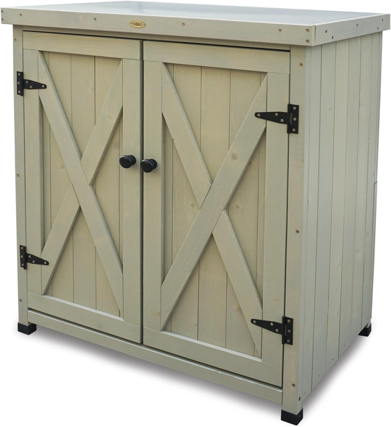 HABAU Gartenschrank, wetterfest in Grau lasiert, aus zertifiziertem Massivholz, ideal für Garten, Balkon und Terrasse (Laura)