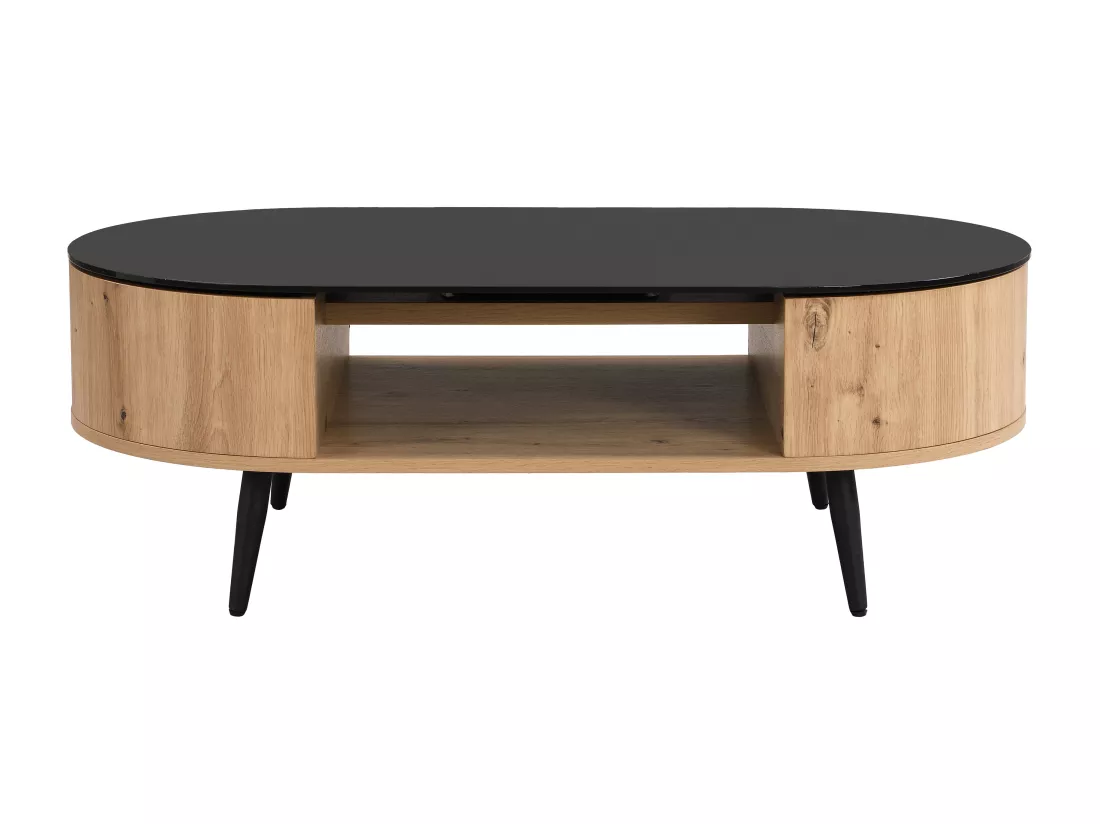 Table basse avec plateau pivotant et 3 niches en MDF et verre trempé - Naturel et noir - YONISMA