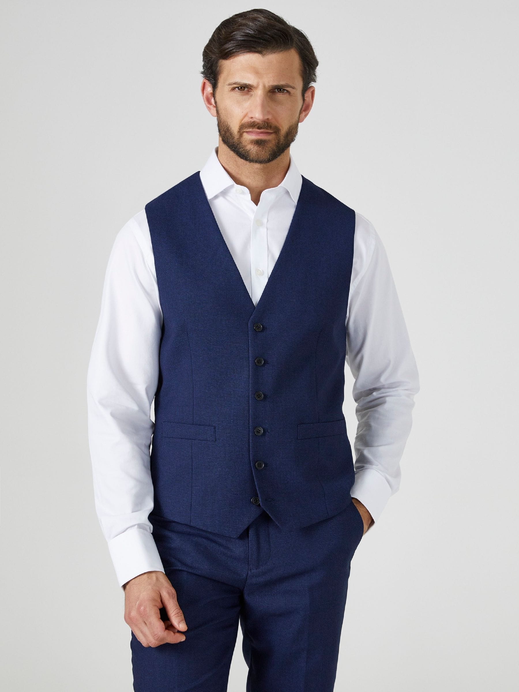 Donkerblauw - Enkele knoop - Skopes Harcourt gilet maatpak met enkel rij knopen