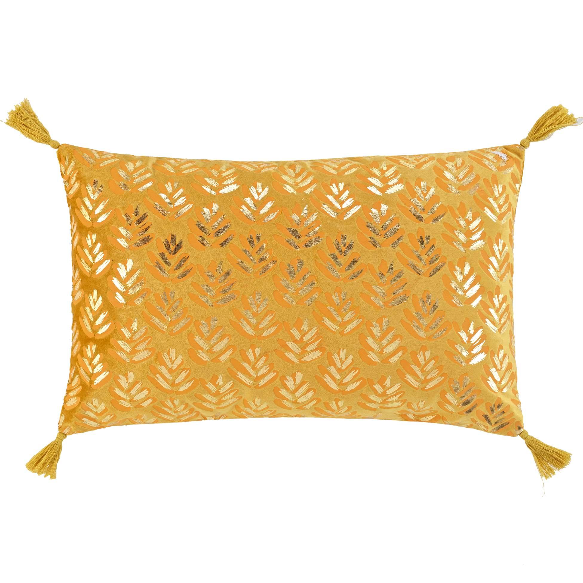 COUSSIN POMPONS 30X50CM VELOURS IMPRIME METALLISE EVIE OCRE