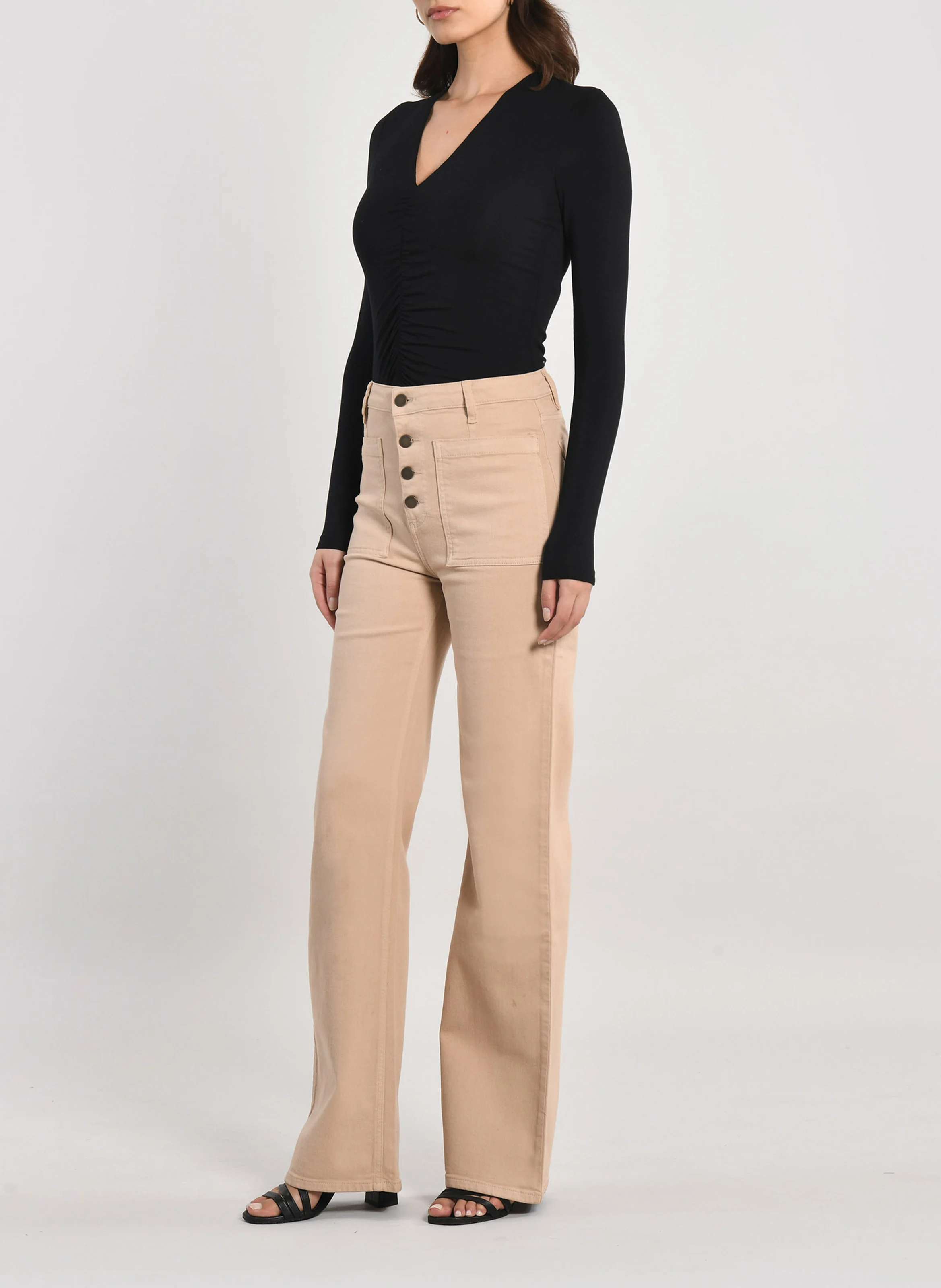 THADEE - Pantalon flare à fermeture boutonnée en coton mélangé | Beige