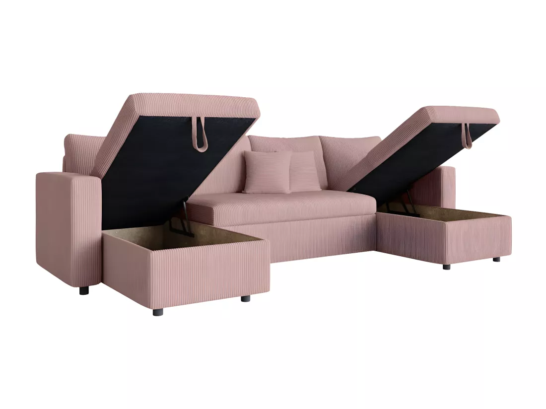 Canapé panoramique 6 places Maria convertible avec 2 coffres en velours côtelé - Rose - L295 x P146 x H81cm - Loungitude