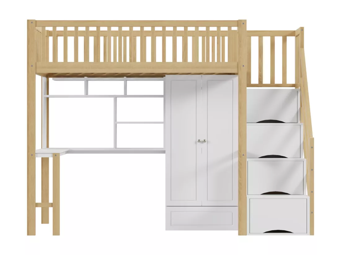 Lit mezzanine 90x200 cm - avec une penderie et un bureau - cadre de lit en bois - Blanc