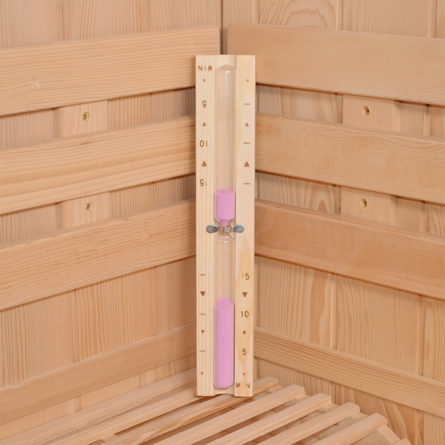 Dewello® Sauna Sanduhr 15 Minuten aus 100% Pinie + 2 Schrauben, vorgebohrt - Glas robust & hitzebeständig, Sauna Zubehör