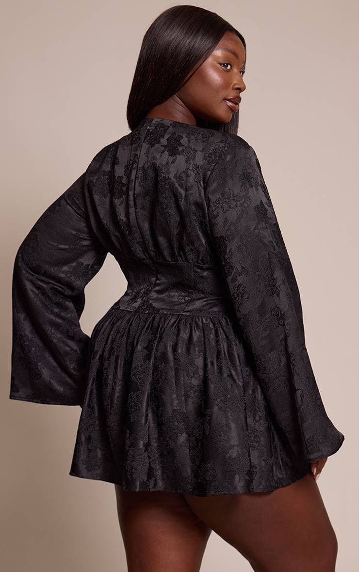 Noir Robe Mini Grande Taille À Manches Évasées En Jacquard Floral