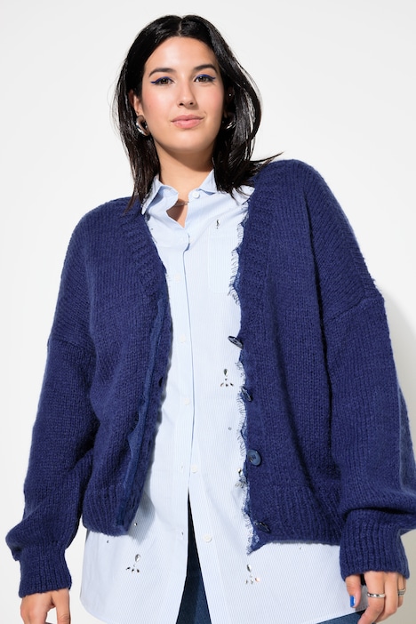 Strickjacke, oversized, Spitzenkante, Langarm