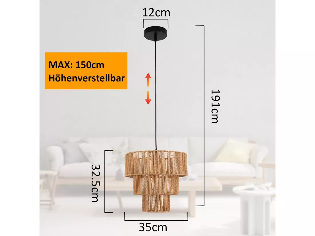 NETTLIFE Lampe suspendue table à manger suspension salon suspension bohème en rotin Ø35cm suspendue 1 ampoule