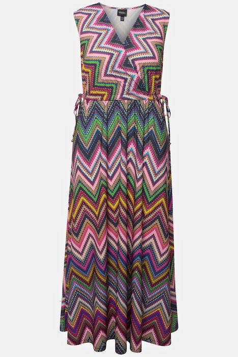 Jersey-Midikleid, Zackenmuster, Wickeloptik, ärmellos