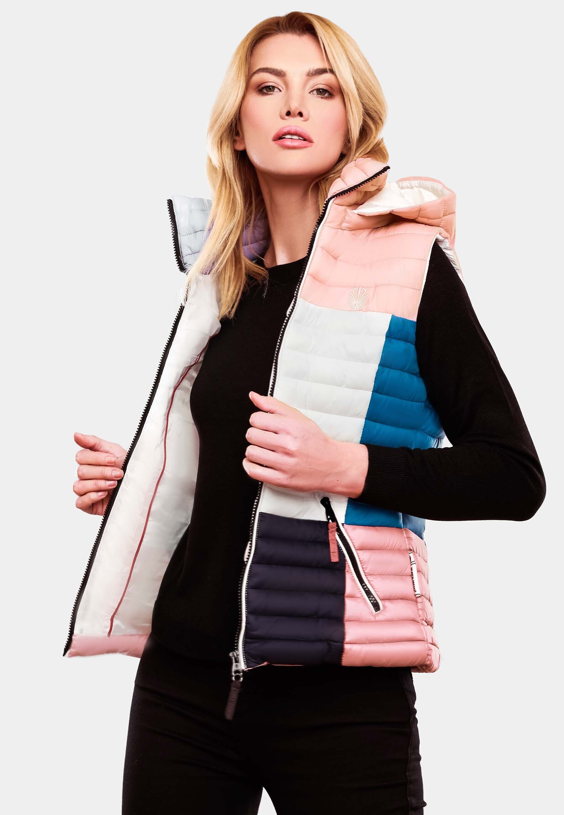 NAVAHOO Damen Steppweste Ärmellose Weste im Colourblocking-Stil und Kapuze Shadaa Multikulti