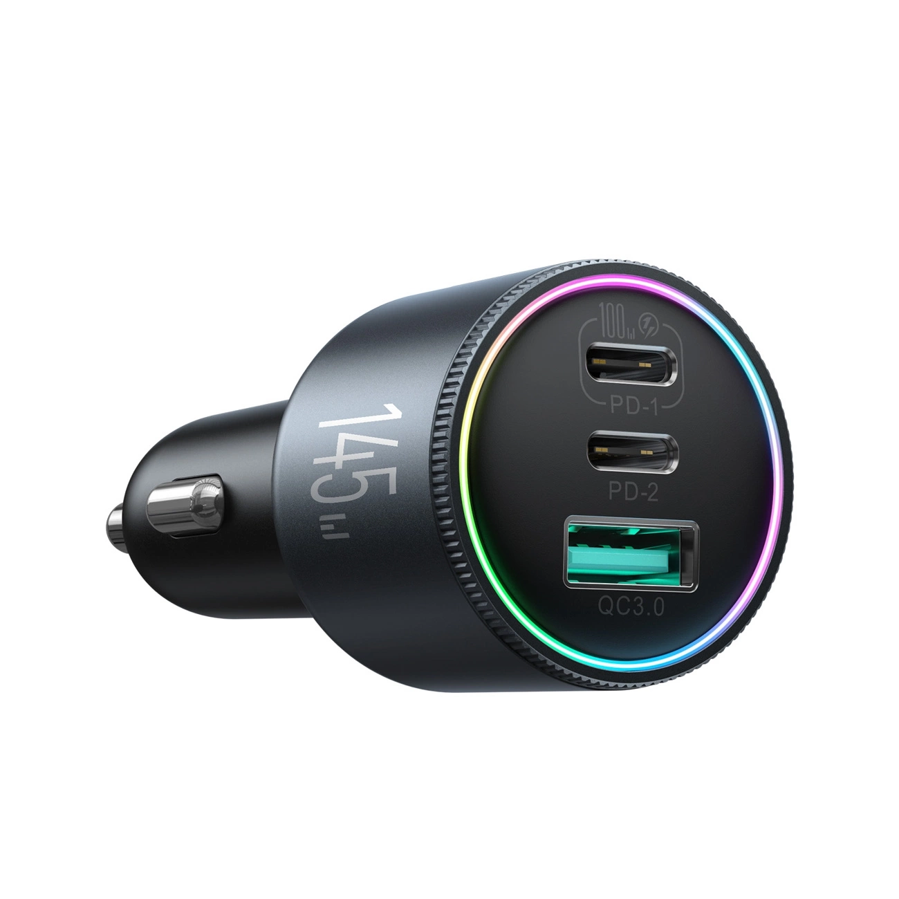(145W) Dual USB C / USB A Auto KFZ Ladegerät Netzteil PD 3.0 / QC 3.0 mit LED Beleuchtung   USB C Ladekabel (JR-CCN07) - Schwarz