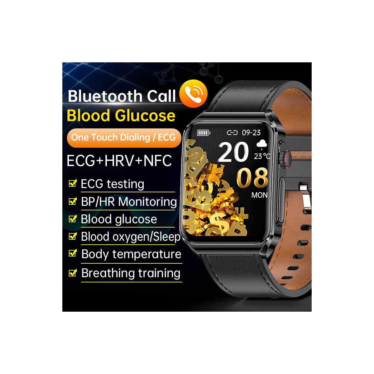 Smartklokke med EKG-hjerteovervåking/Bluetooth-ringing/Bluetooth-musikk Sort