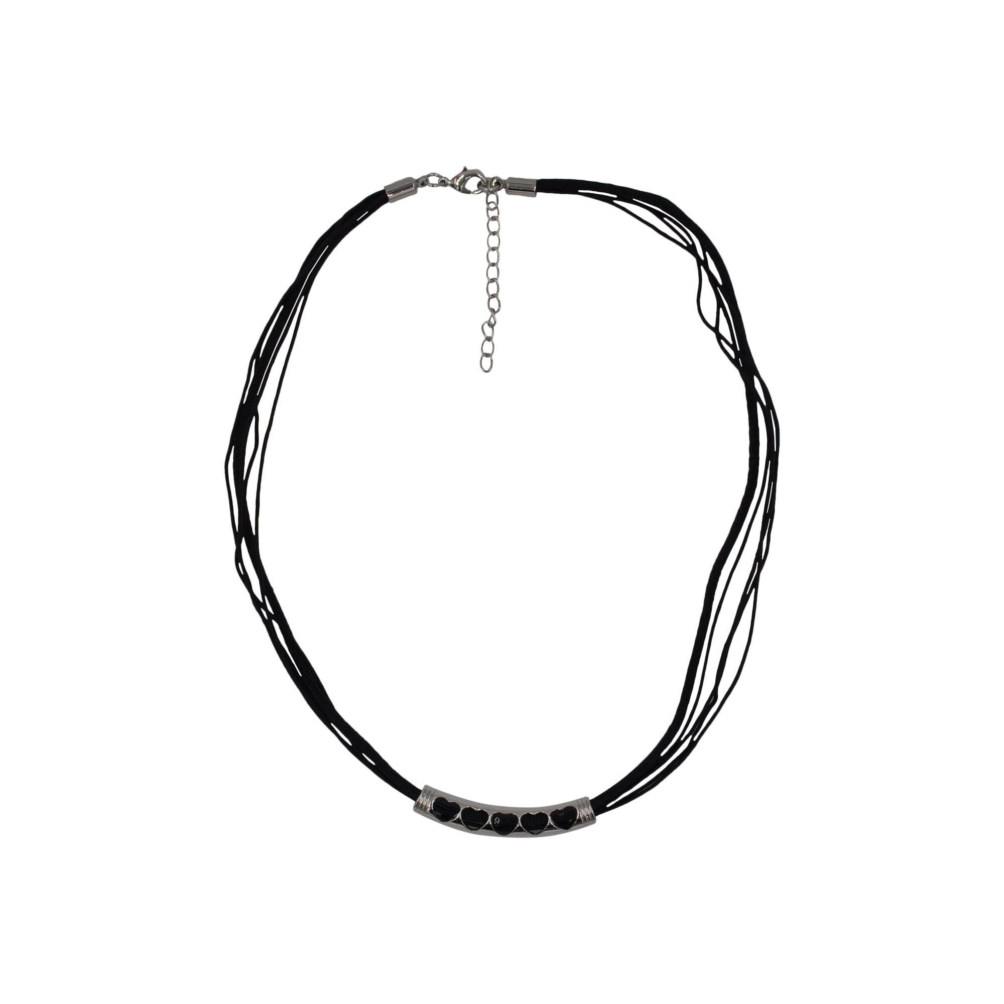Steuer Modeschmuck Collierkette Textilkette, schwarz, mit silberfarbener Herzapplikation