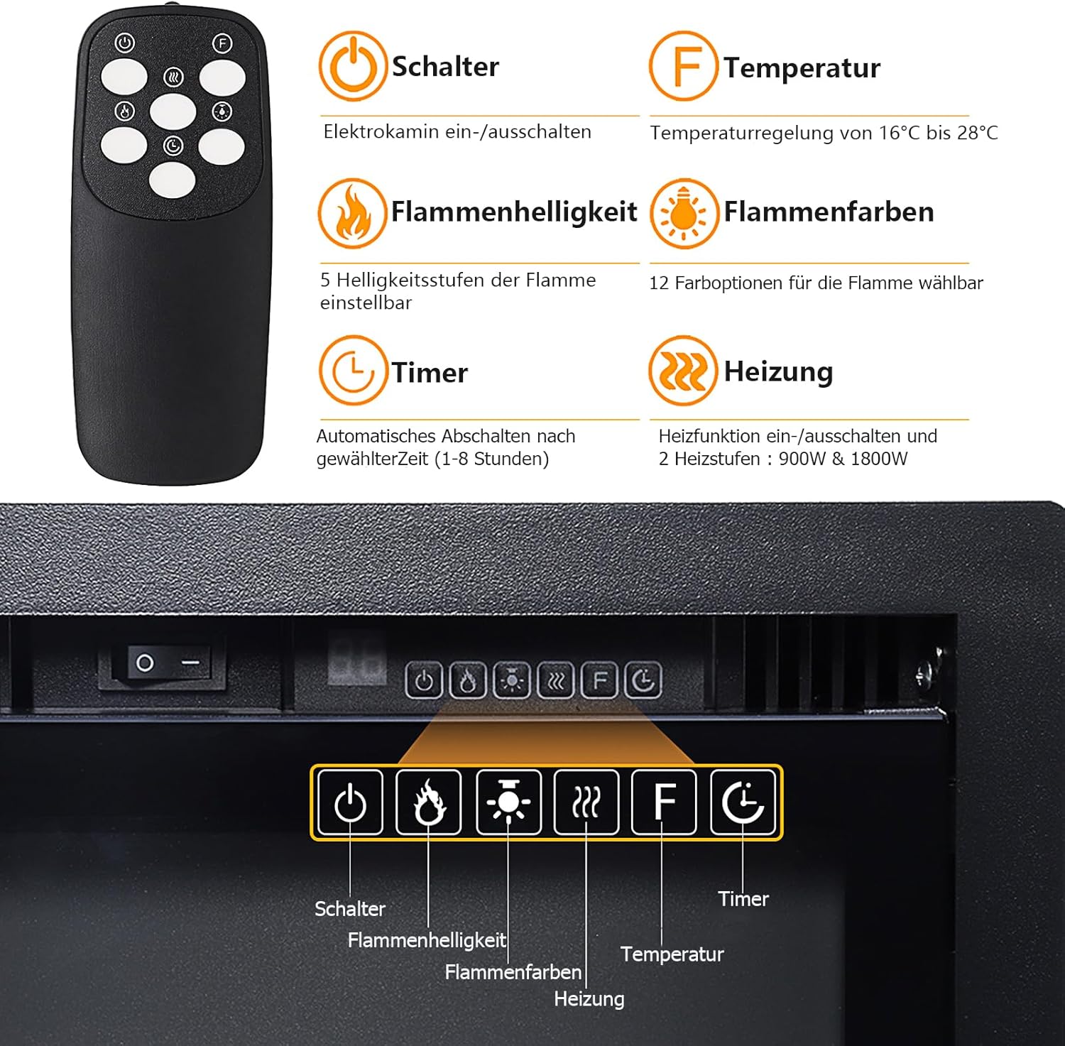 INMOZATA 60 Zoll Elektrokamin mit Heizung, 3-IN-1 Elektrokamin Wand/Einbau/Standkamin,Kamin Elektrisch mit Heizung 900W&1800W, 12 Flammenfarben, Heizfunktion, Thermostat, Timer, Fernbedienung