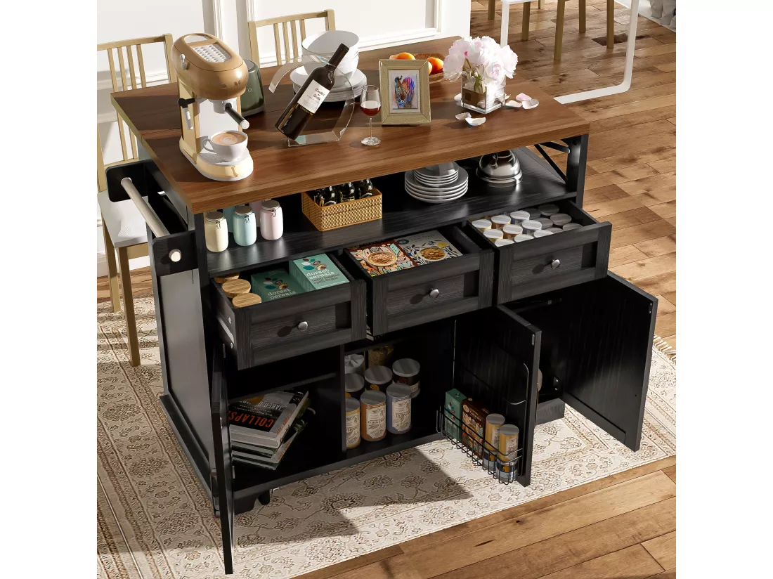 Ilot central de cuisine mobile avec 3 tiroirs, 3 portes et compartiment - 118 x 43/80 x 98 cm - MDF et métal - Noir