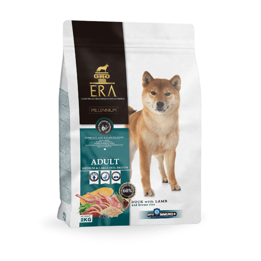 Ração Era Adult para cães de porte médio e grande, com pato e cordeiro.