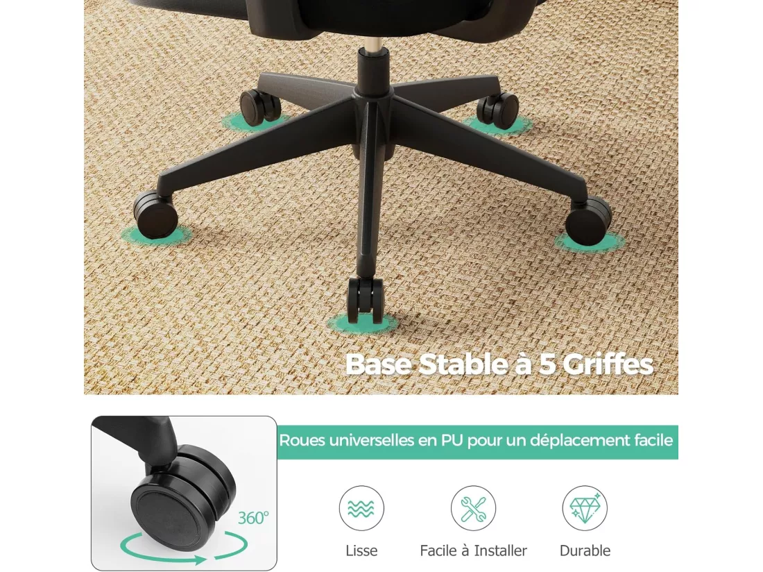 Chaise de Bureau Ergonomique, Fauteuil Bureau Inclinable Pivotant Réglable en Hauteur, Maille Respirante, Support Lombaire en C, Appui-tête, Accoudoirs et Dossier Ajustables, Noir