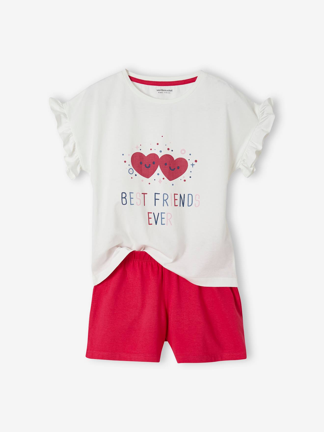 Conjunto de 2 pijamas com shorts lisos brancos claros e estampas.