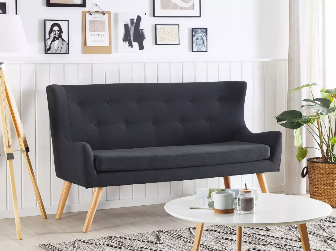 Canapé banquette 2 places en tissu noir SKIBBY