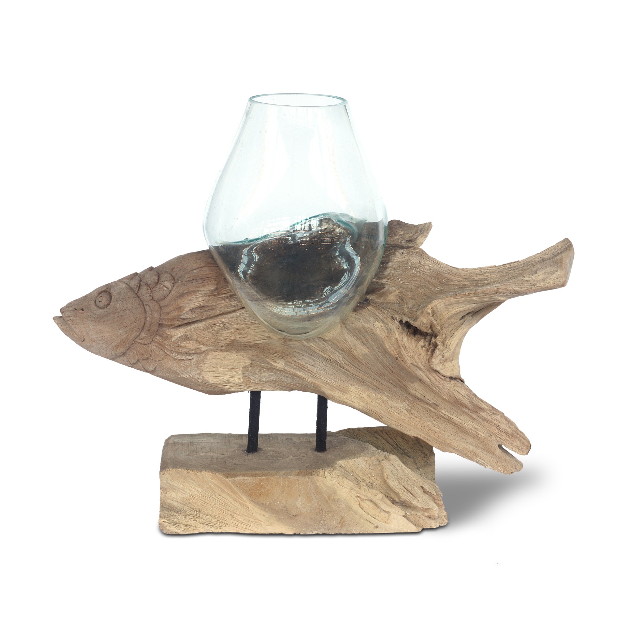 Glasvase aus Wurzelholz 'Fisch', auf Sockel, B 42 - 59 cm, H 30 - 45 cm, T 20 cm von fischer's lagerhaus