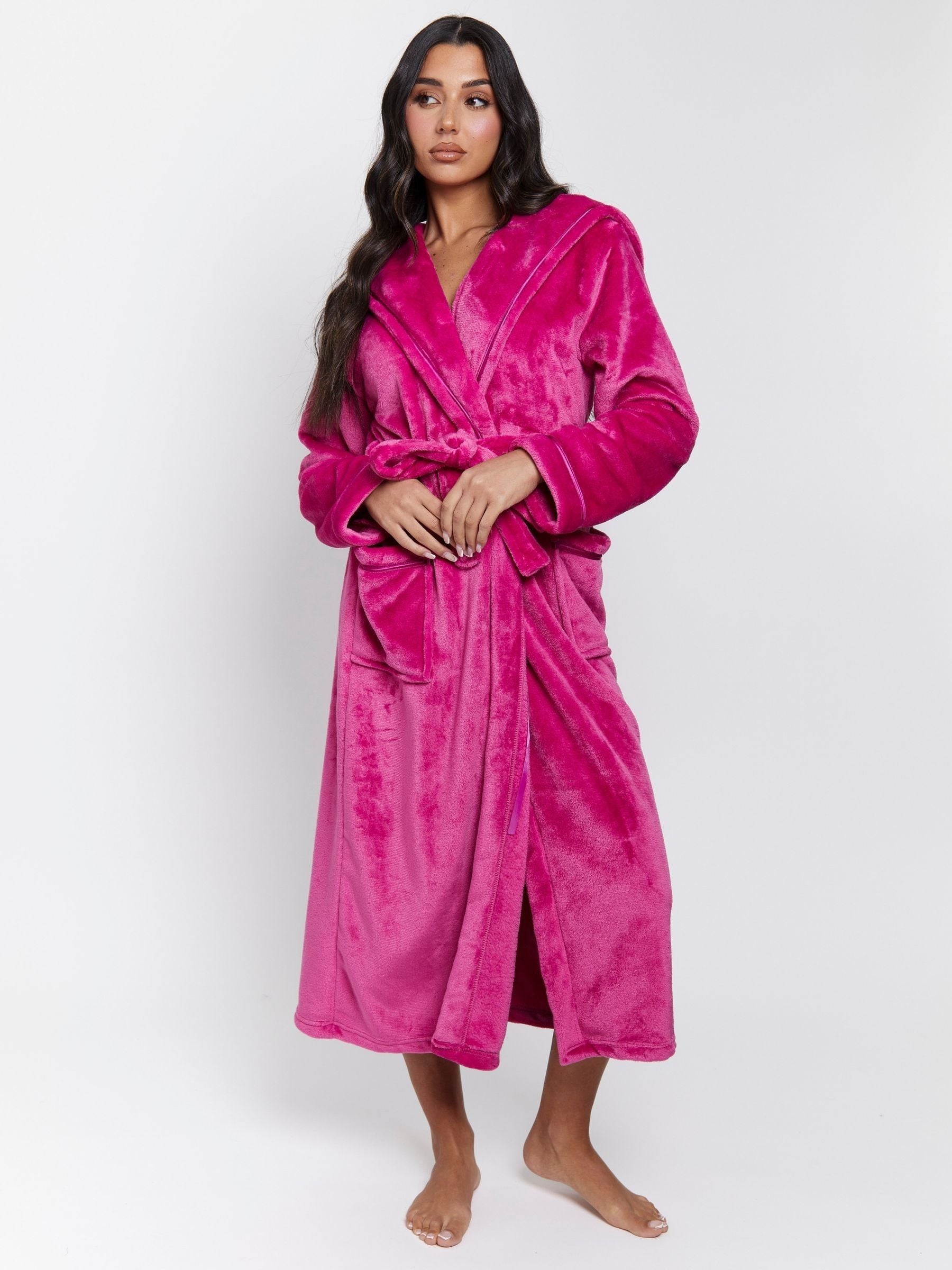 Roze - Loungeable Christmas Ribbon Trim Luxury Fleece Hooded Maxi Robe