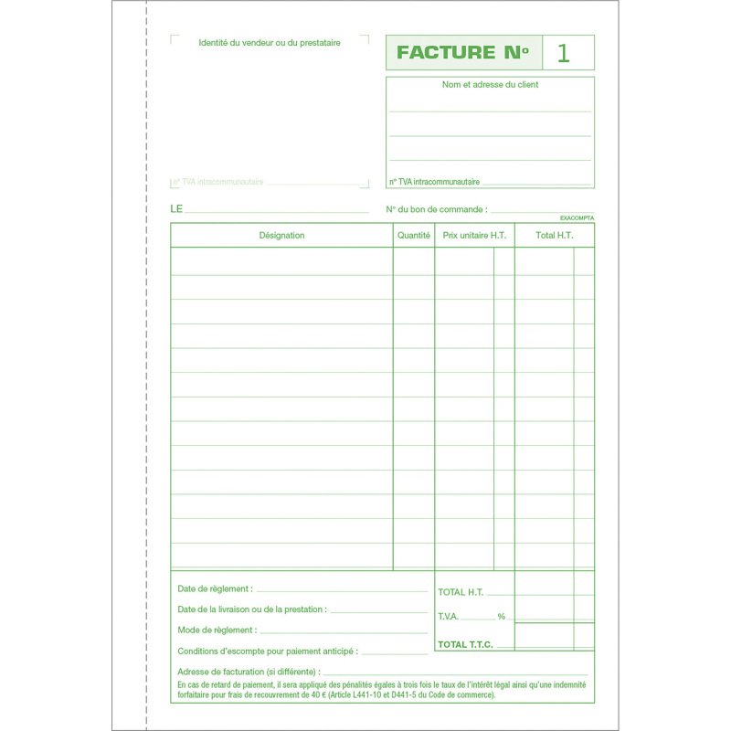 Cahier de facture avec tva Manifold Exacompta autocopiant 21 x 14,8 cm 50 pages double exemplaires 3278E