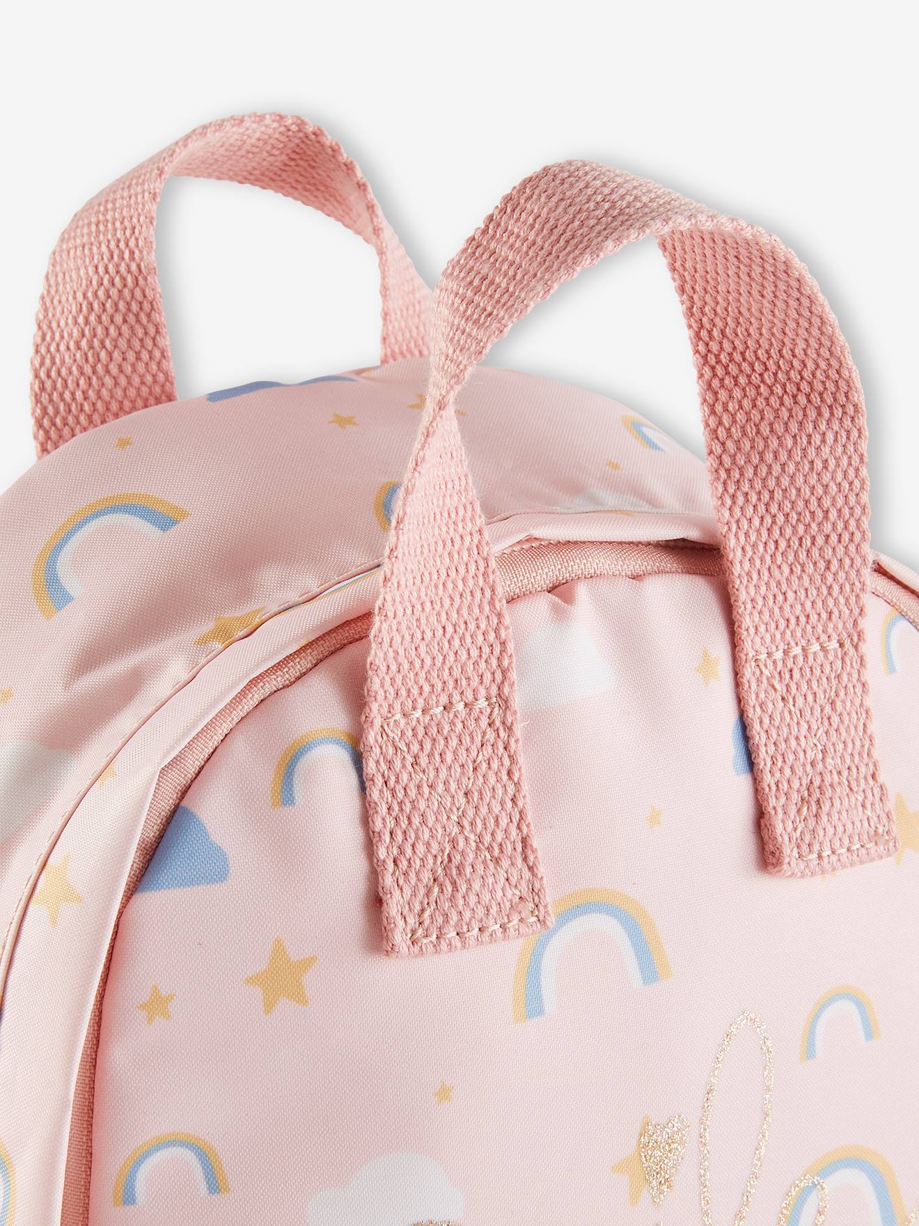 Mochila rosa claro com estampa de arco-íris