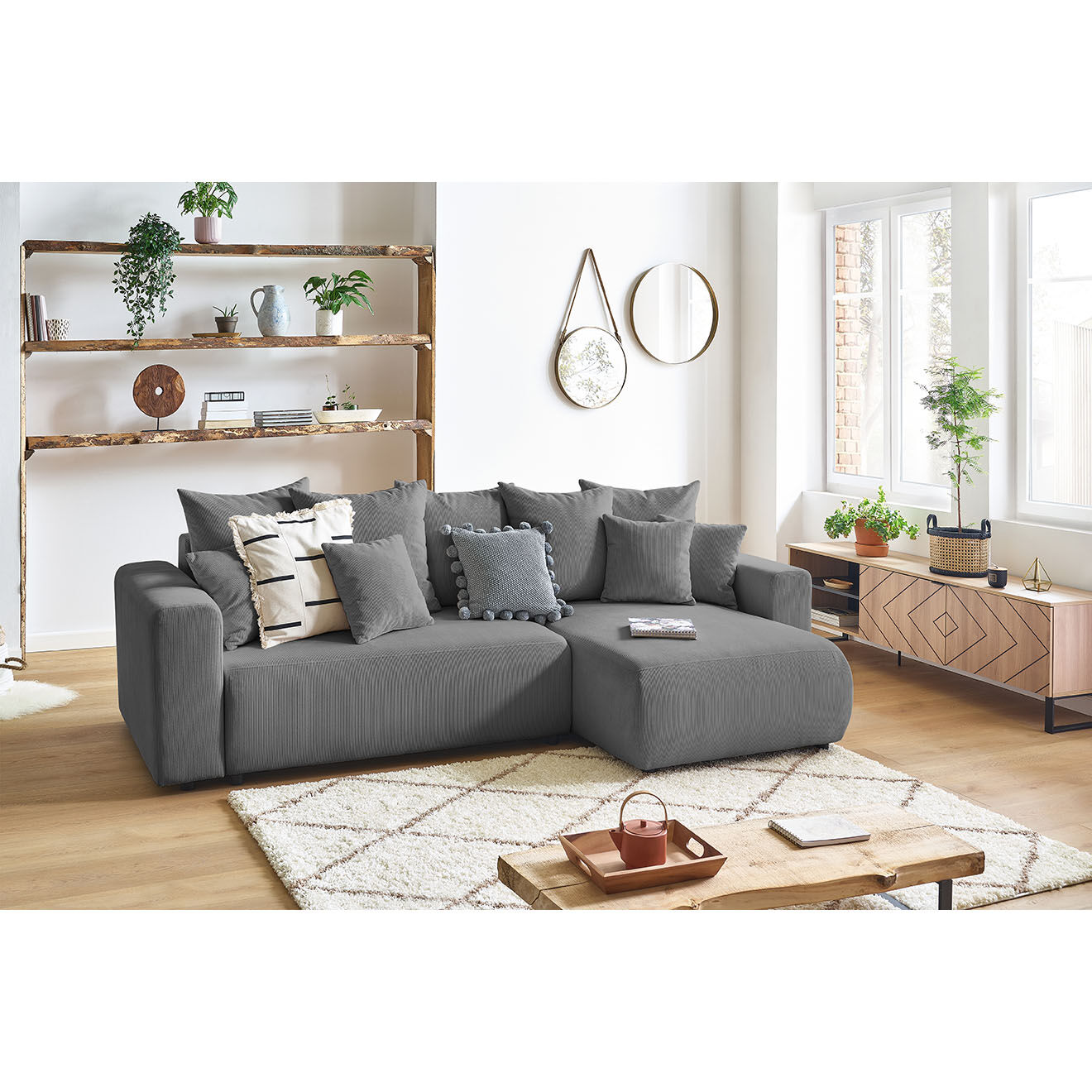 Bobochic Canapé d'angle convertible reversible velours côtelé Envy gris foncé - 282x153x95 cm