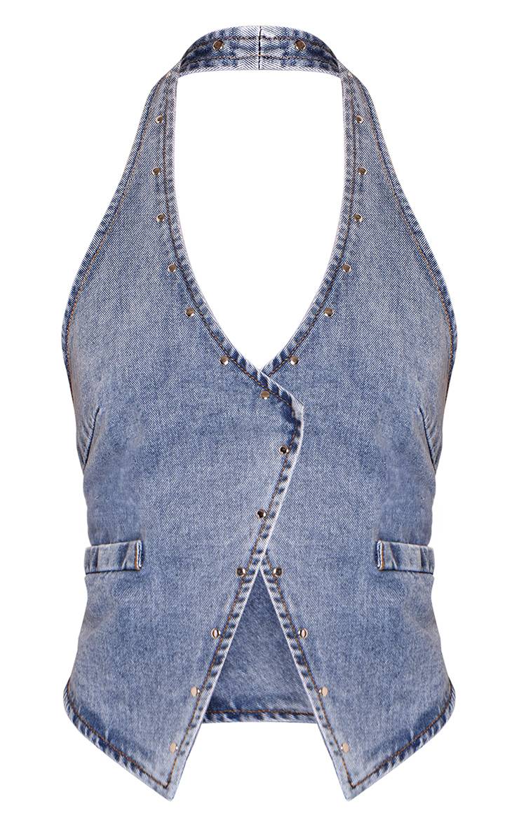 Mid Blue Wash Gilet En Jean À Clous Avec Col Licou
