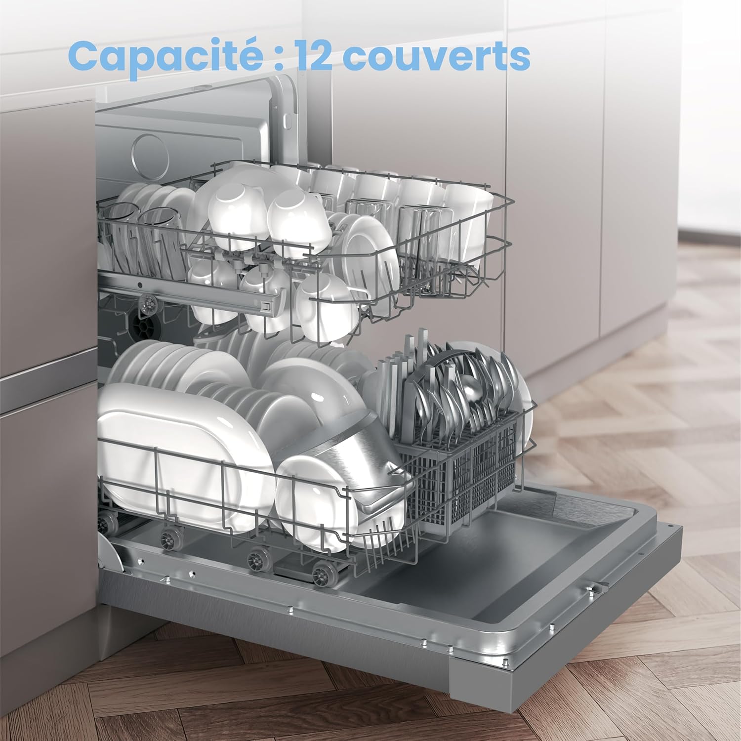 COMFEE' CDWPF1201PS Geschirrspüler freistehend, 60 cm, 12 Gedecke, Startzeitvorwahl, Halblast-Funktion, flexible Körbe, Edelstahl, 49 dB, Bedienung über Tasten