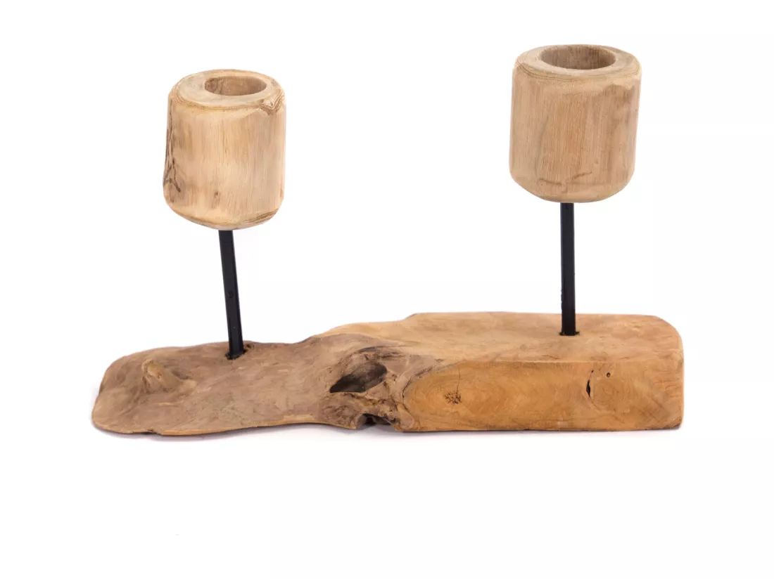 BOUGEOIR Deux lumières Bois de racine de teck, pour 2 bougies