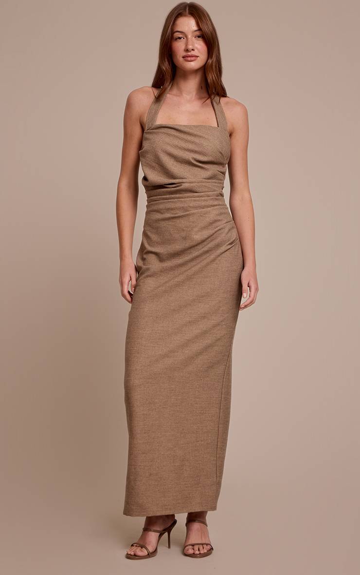 Taupe Robe Longue À Col Licou Avec Détails Froncés