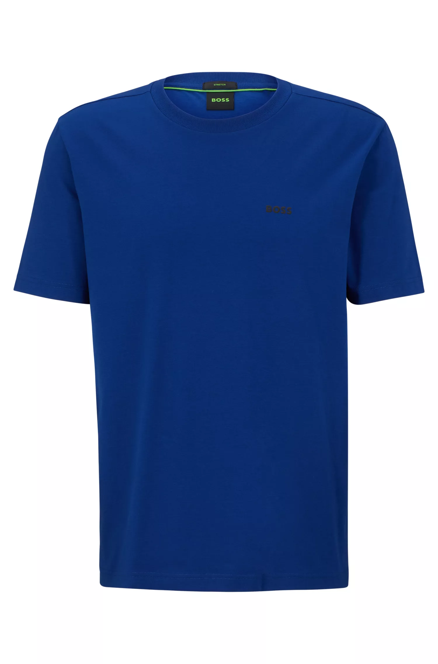 Camiseta BOSS verde, corte regular, em algodão elástico com fita lateral.