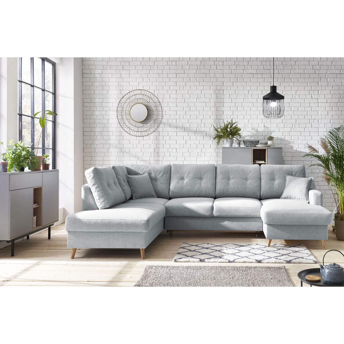 Bobochic Canapé d'angle panoramique convertible droit Sweden gris clair - 300x149/90/198x95 cm