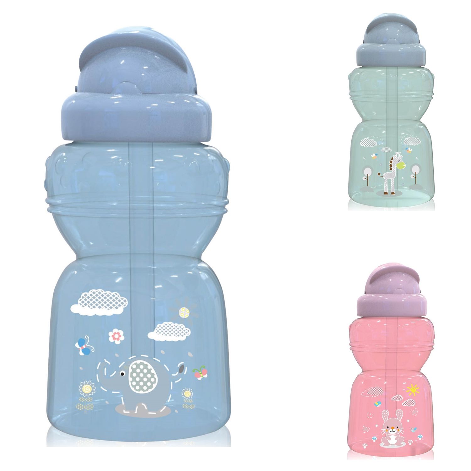 Baby Care Kinder Trinkflasche 325 ml Sport-Sipper Tiere Schutzdeckel Strohhalm blau