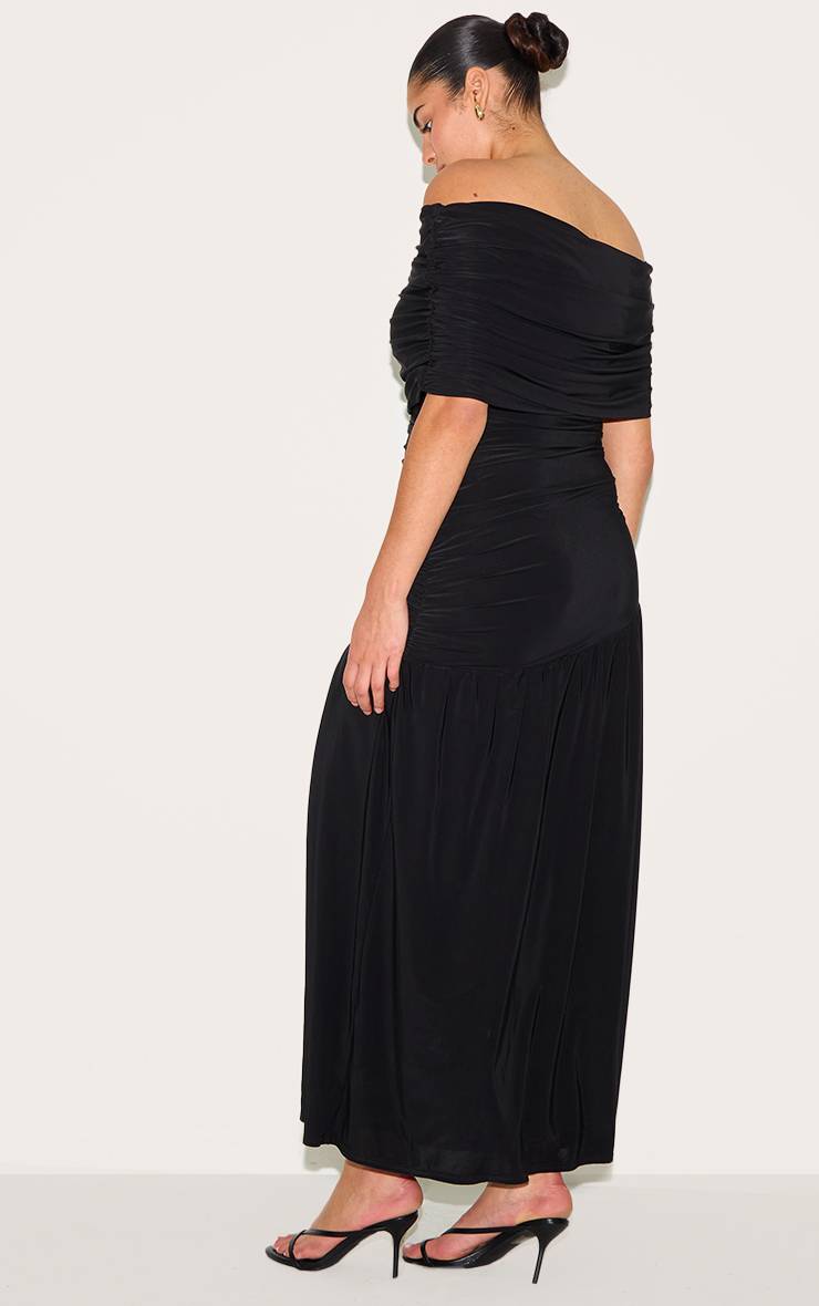Noir Robe Longue Grande Taille À Double Couche Slinky Bardot Froncée