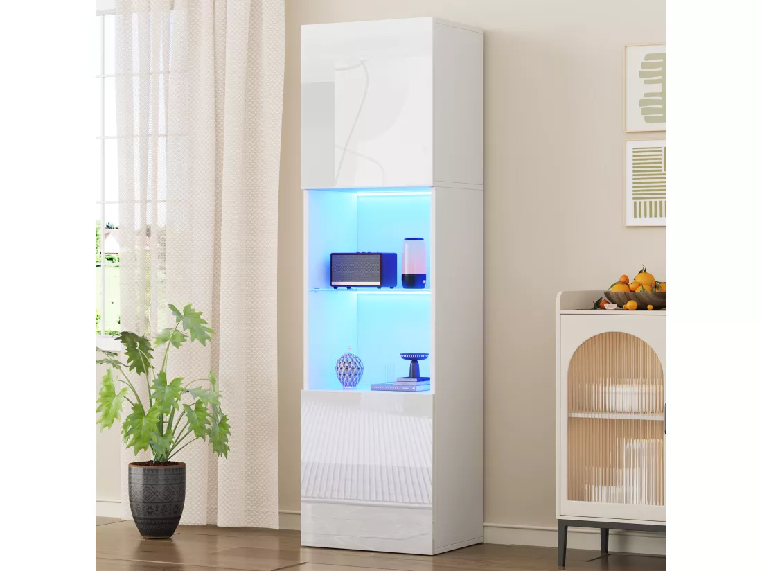Vitrine 45x35x160cm - avec 2 ports - avec éclairage LED - 1 étagère en verre - blanc