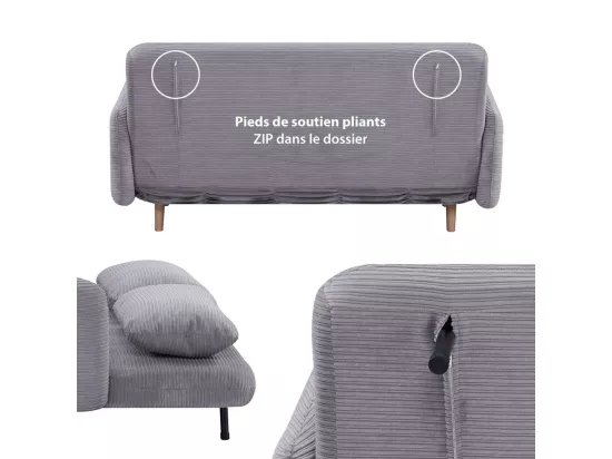 Canapé-lit BZ 2 places pour couchage d’appoint taille 145 x 190 cm en velours côtelé gris et pieds en bois massif - ARI