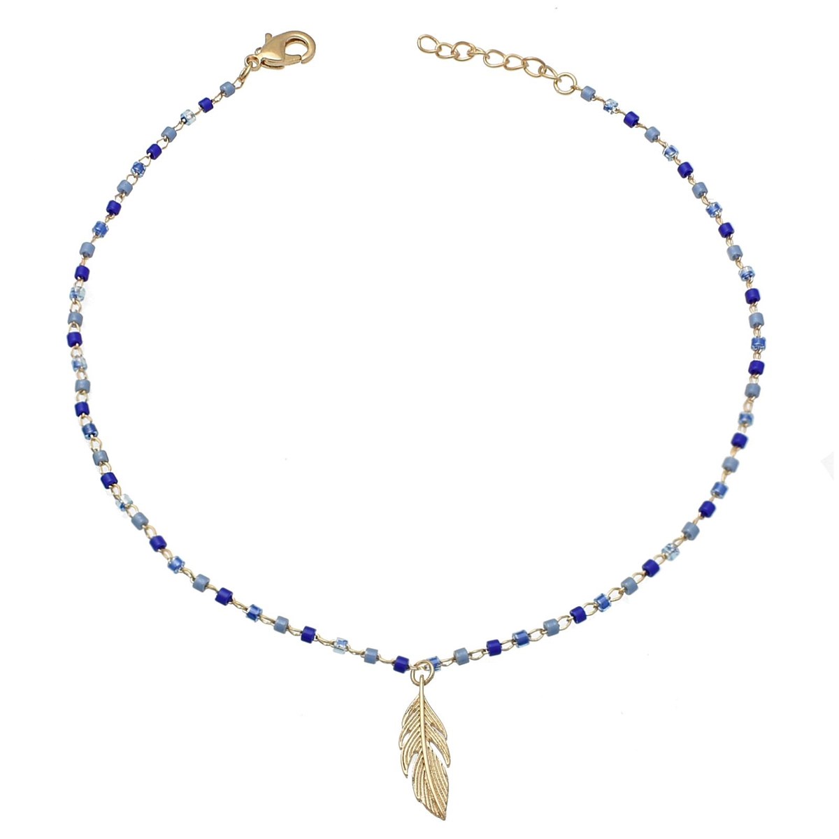Chaîne de cheville plume pendante perles Miyuki dégradé de bleu Plaqué OR 750 3 microns