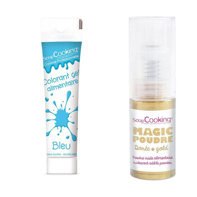 Gel colorant alimentaire bleu + Poudre alimentaire irisée dorée Scrapc