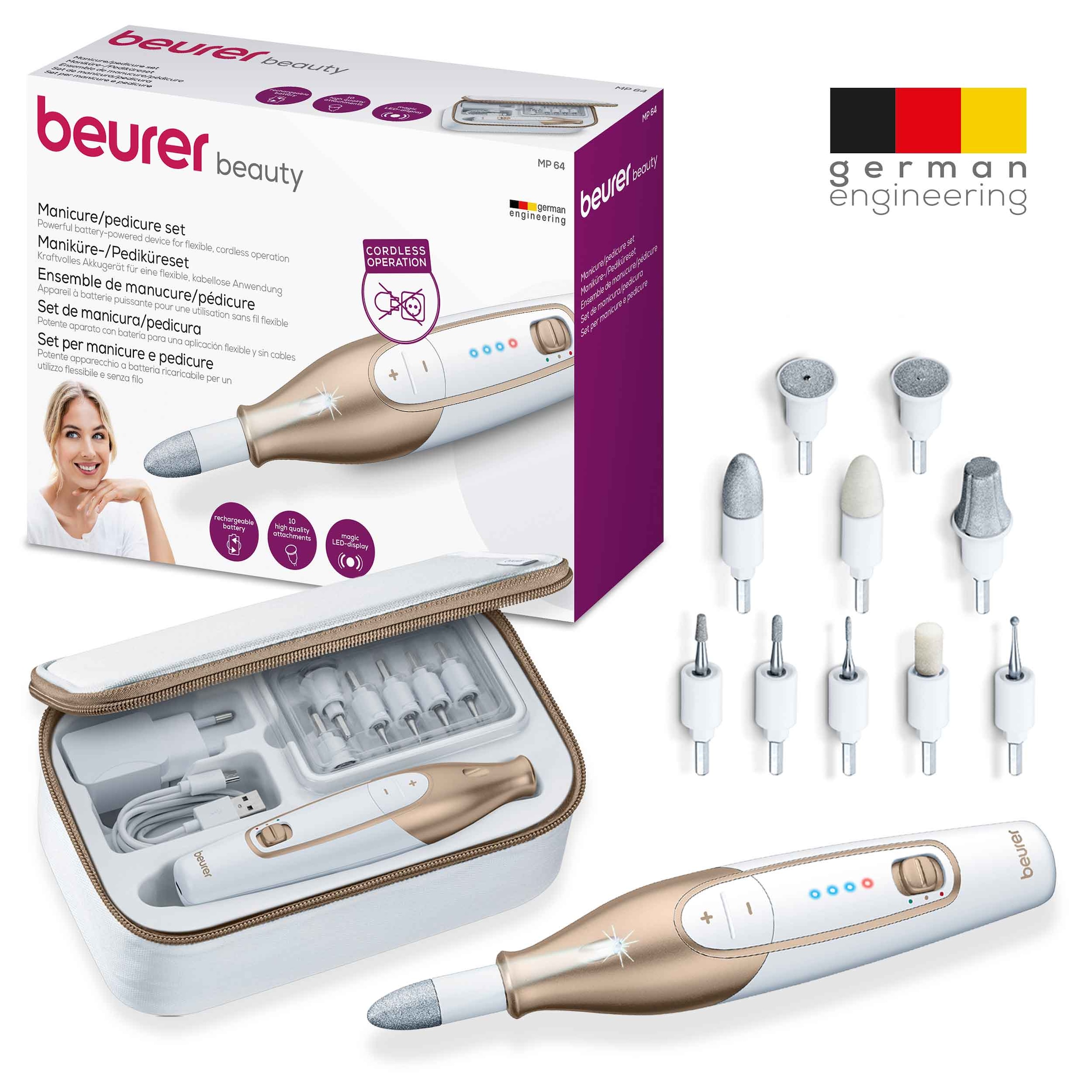 BEURER Maniküre-Pediküre-Set »MP 64 elektrische Nagelfeile mit Akku für kabellose  Maniküre« Mit 10 Aufsätzen für professionelle Maniküre und Pediküre zuhause