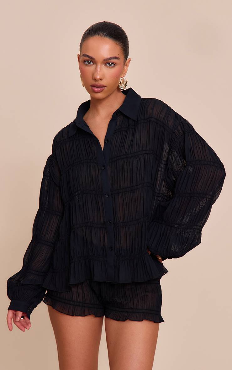 Noir Short Mini En Mousseline Froncé