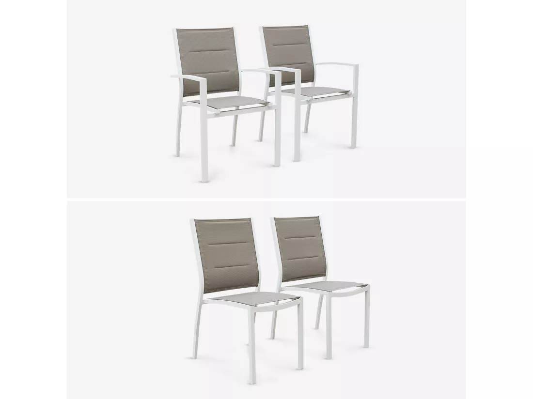 Table de jardin extensible aluminium + 8 assises - Chicago Blanc / Taupe - Table extensible 175/245cm avec rallonge et 8 assises en textilène