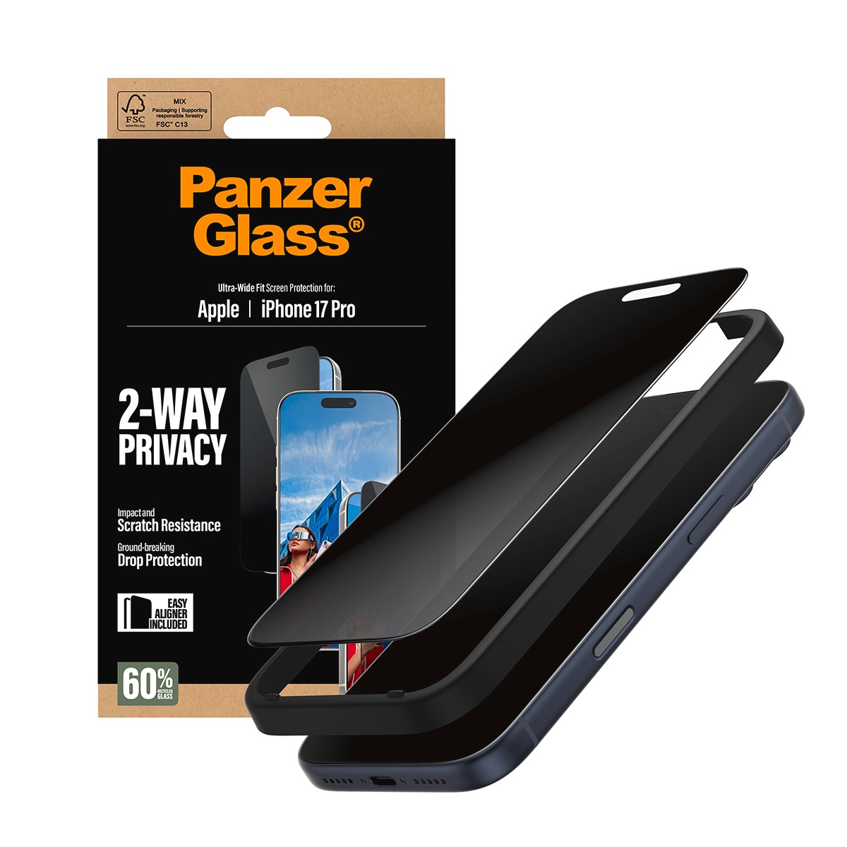 CARE by PanzerGlass Displayschutzglas »2-Way Privacy Ultra-Wide Fit Screen Protector« für Apple iPhone 17 Pro Displayschutzfolie, Schutzfolie, Bildschirmschutz, kratz- & stossfest