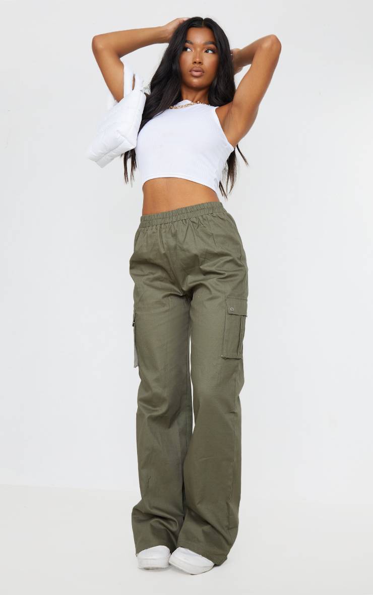 Vert Pantalon Cargo Taille Haute Coupe Large Kaki