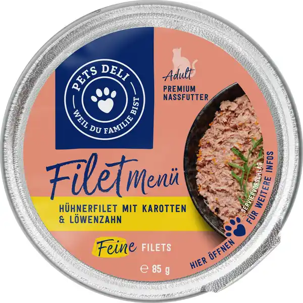 Nassfutter Filet-Menü mit Hühnerfilet, Karotten & Löwenzahn für Katzen