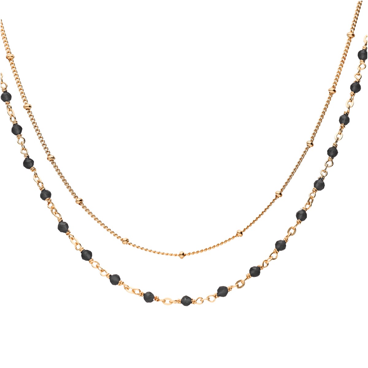 Collier Argent Doré Double Chaine Et Pierres Naturelles Noires