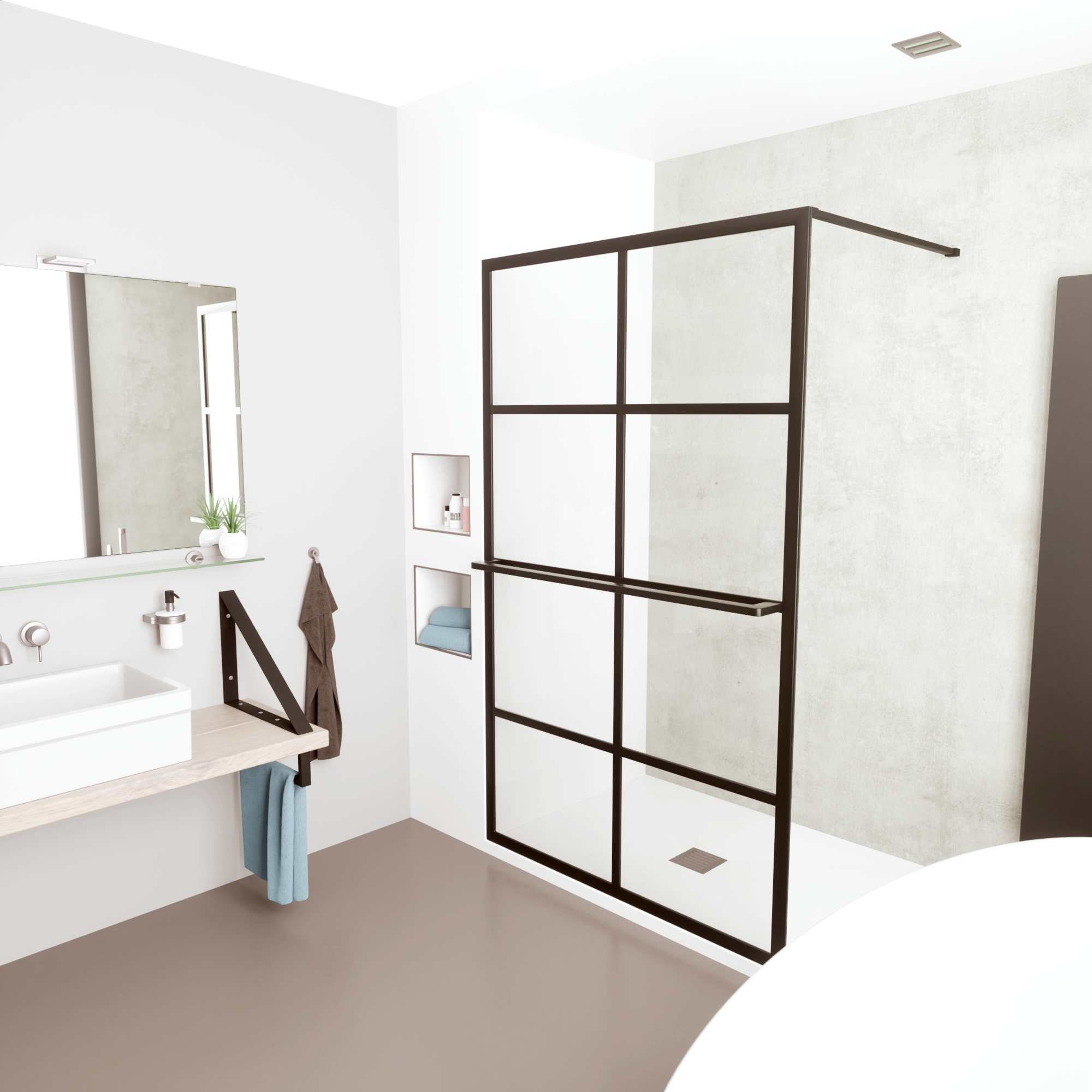 Mueller Black inloopdouche 100x200cm met zwarte profielen en handdoekhouder