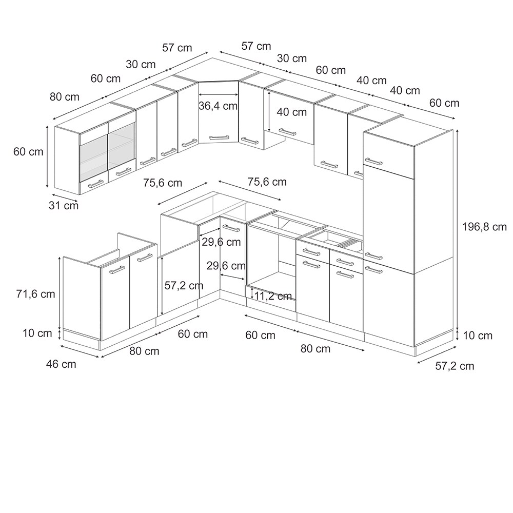 Vicco Eckküche R-Line Solid Anthrazit Schwarz 287x227 cm modern Küchenschränke Küchenmöbel