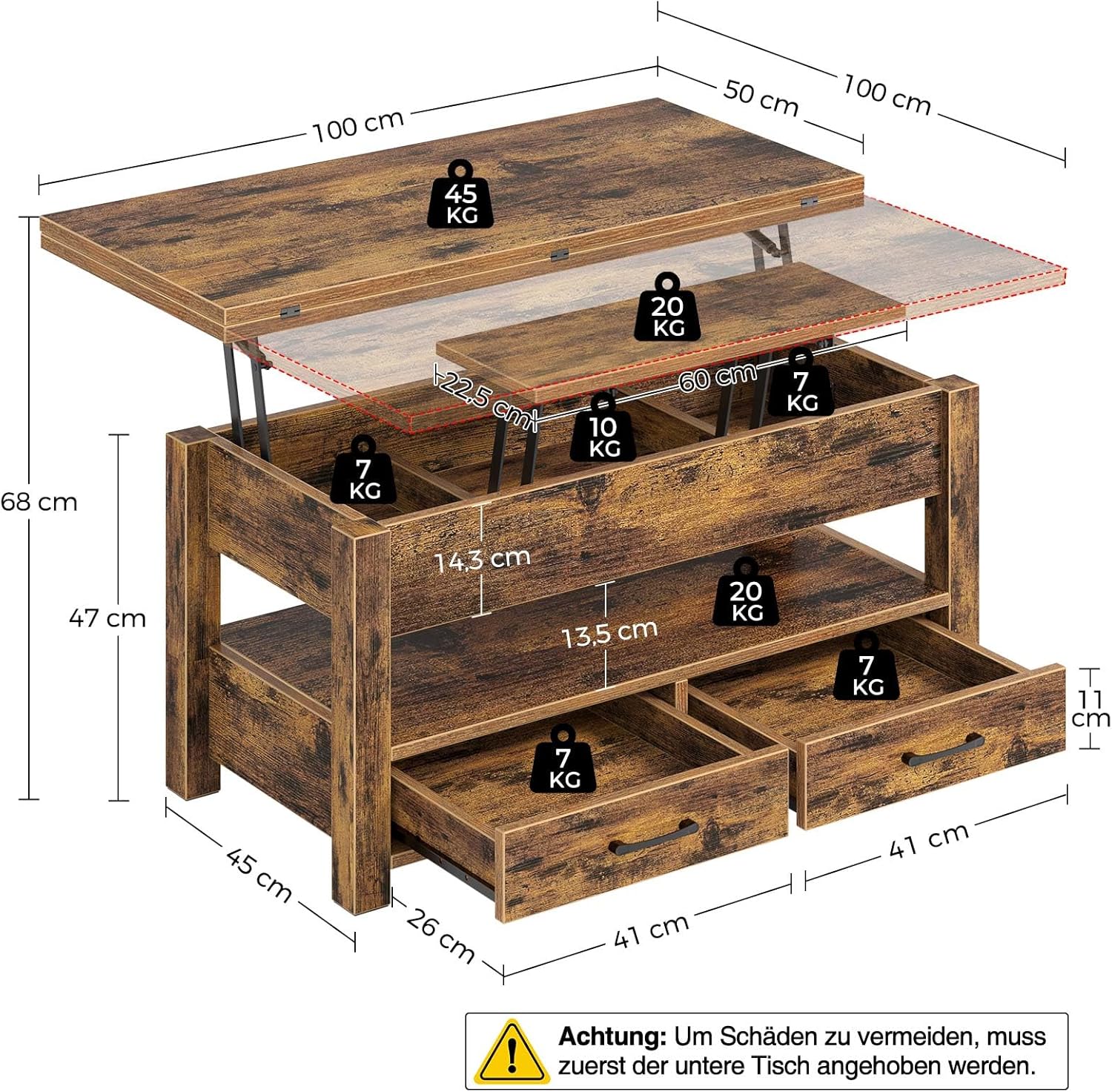 Rolanstar Couchtisch Höhenverstellbar, Wohnzimmertisch mit Schublade & verstecktem Fach, Kaffeetisch umwandelbar in Esstisch, 100 x 50 cm Sofatisch aus Holz